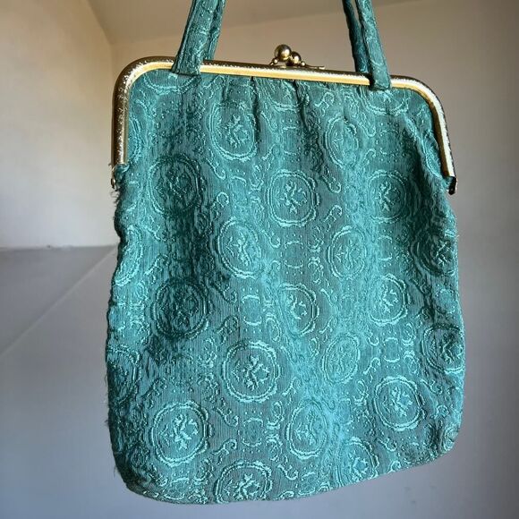 Antique Vintage‎ Teal Seafoam Green Handbag Kiss Lock Purse Tote Gold Tapestry - Picture 2 of 9